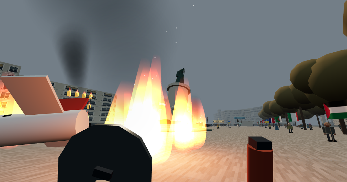 Actual France Burns gameplay: fire, an aircraft wreck and the monument beginning to topple in a fictional French city.