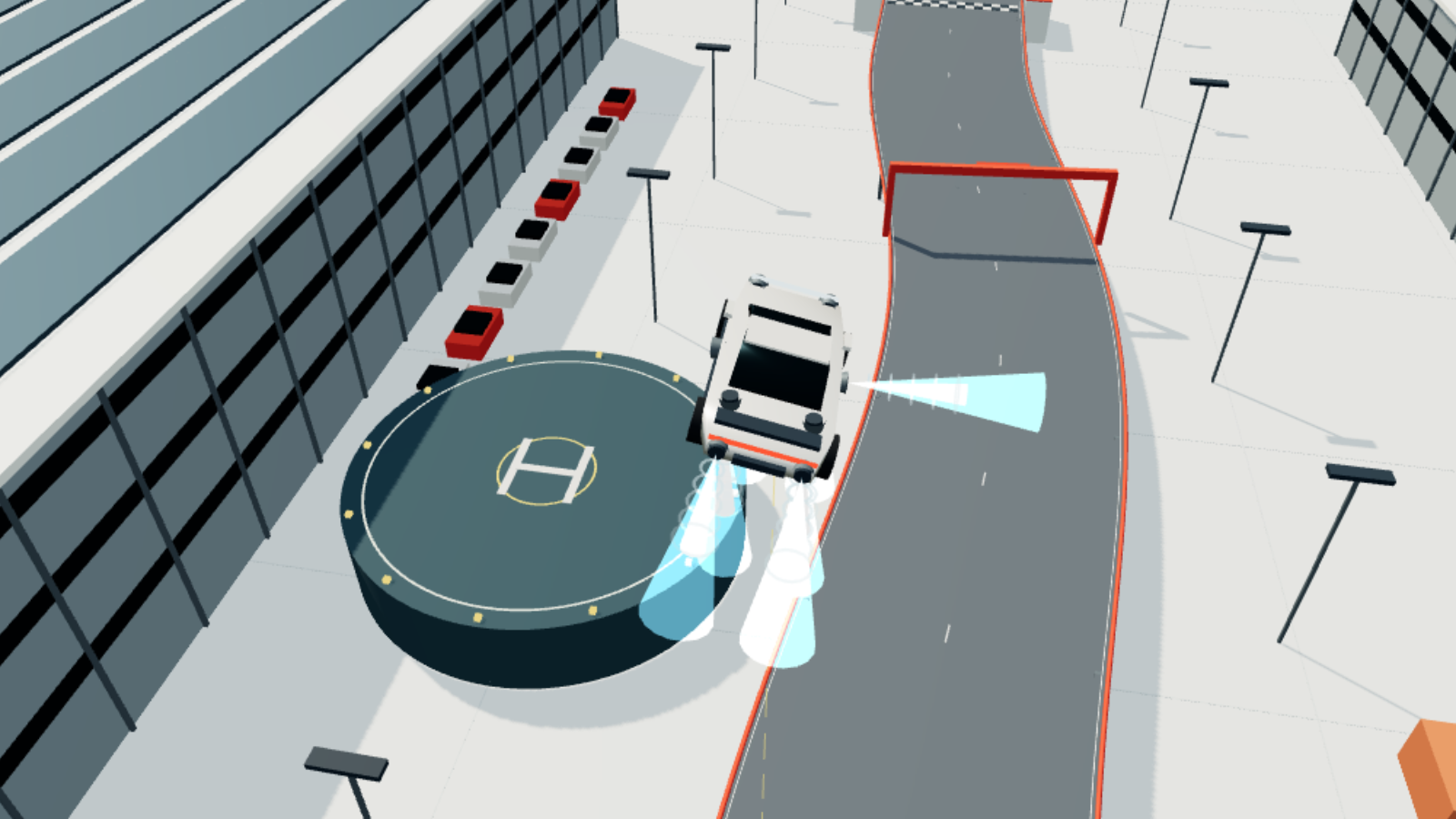 Actual Flying Roadster gameplay: the car fires its thrusters above a circular helipad beside the launch ramp.